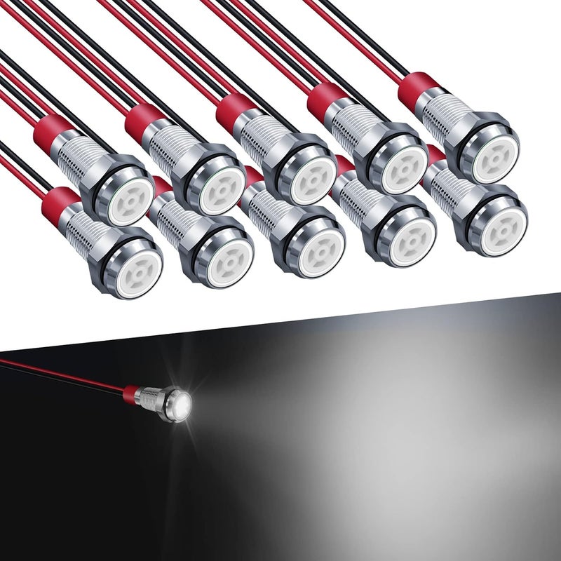 FICOLPO 10 Pcs LED Metal Waterproof Indicator Light, 12-24V 1/4'' Mounting Hole Pre-Wired Pilot Signal Light for Car, Trucks, Boats, Marine, Dash, Industrial Electricity (White, 6mm) - Image 1